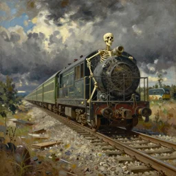 painting by dean cornwell, ilya repin, nc wyeth painting, dusty cobweb skeleton!!!!!!!!!!!! at the rail road, train track, rails, train
