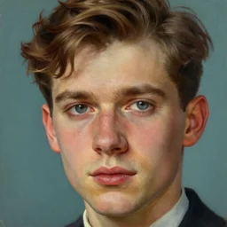 A beautiful close-up of a young man, his hairstyle a side fringe, dressed like in the 1940s, digital art by Edward Hopper, vibrant color scheme, highly detailed, in the style of romanticism, fine Art, high detail, great lighting, 8k resolution, masterpiece, concept art, illustration, clear eyes, soft lighting, soft details, painting oil on canvas, octane render, HDR, trending on artstation, 4k, 8k, HD
