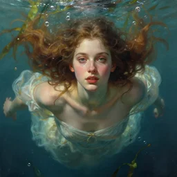 hyper realist matte digital painting of a young beautiful woman, beautiful face, jugendstill, floating in water, bubbles rising, seaweed, fairytale, fantasy art, photo realistic, dynamic lighting, artstation, volumetric lighting, by mucha, by charlie bowater, by karol bak, by alma tadema