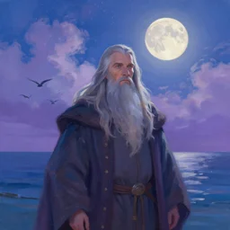 a beautiful portrait of gandalf, art of alena aenami, featured on artstation, vertical orientation, paint brush strokes, expressionism, brushstroke - laden, breathtaking clouds, birds, ocean, beautiful stars, long exposure, big moon radius, airy midnight theme, blue purple gradient, lens flare