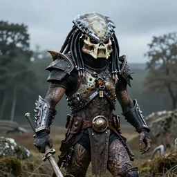 High fantasy Yautja in dragon inspired armor in the forests plains of north yorkshire, Predator creature, alien hunter, 4k, Dragon skull biomask,