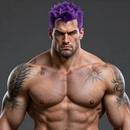 solid thick super muscly male portrait, purple hair, three day growth, the maxx, ultra realistic, intricate details, the fifth element artifacts, highly detailed by peter mohrbacher, allen williams, hajime sorayama, wayne barlowe, boris vallejo, aaron horkey, gaston bussiere, craig mullins