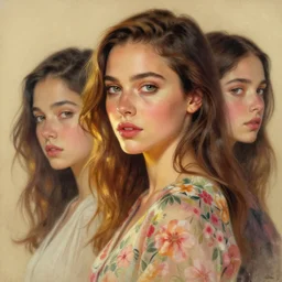 “ zoe kravitz portrait by ikenaga yasunari and ayana otake and ko rakusui, drawing, realistic, sharp focus, japanese, dreamy, nostalgia, faded, golden hues, floral clothes ”