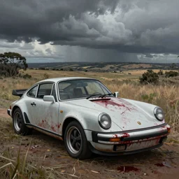 hyper realistic painting of an abandoned Porsche 911 Turbo covered in blood, an Australian summer landscape, by Zdzislaw Beksinski, high contrast, gloomy