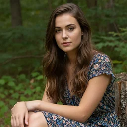 closeup portrait of an attractive young lady wearing a floral dress sitting on a treestump in the woods, by Peter Andrews Jones, natural light, detailed face, 8K