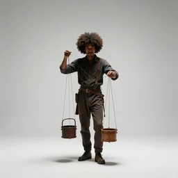 afro-haired puppeteer with marionette, cinematic studio photo, full body, standing, isolated on a pure white background, centered, whole figure in frame, sharp focus, studio lighting