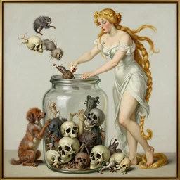 a painting of pandora opening her jar, releasing critters that impersonate sickness and death in the style of realism, art noveau