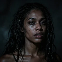 beautiful black woman, in darkness, horror terrifying, surreal realistic, hyper details, irwin penn, full HD, 8k