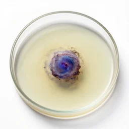 a small nebula growing inside a petri dish, white background