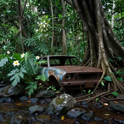 rusted abandoned car overgrown, thick jungle, trees big roots, waterlogged ground big flowers, stream sharp rocks