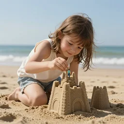 A tiny person building a sand castle