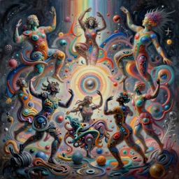 chaotic poetic painting with almost quantum details of alchemy to make eternal an instant that transforms into beings and forms that mutate while dancing in a ritual of cosmic elevation, hydrodipped, carved lacquer, fretwork, colorful, rainbow, soft lighting, refractive