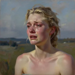 hyperrealism oil painting of elsa hosk crying
