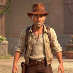 Indiana Jones, depicted as a Pixar character, high quality CG render, 4K
