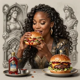 Jada Pinkett Smith Eating Big Macs, dripping BBQ Sauce, serving burgers, D&D, fantasy, intricate, elegant, highly detailed, digital painting, artstation, concept art, matte, sharp focus, illustration, hearthstone, art by Artgerm and Greg Rutkowski and Alphonse Mucha