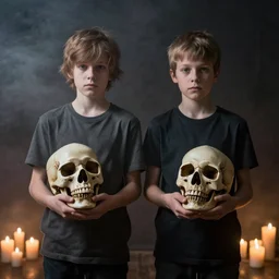two young boys holding skulls, dark room, smokey atmosphere, surrounded by candles by laurie lipton