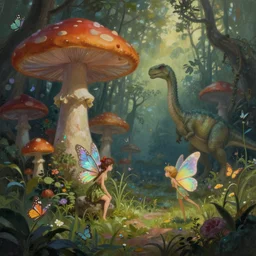a whimsical painting of fairies and butterflies with iridescent wings in a prehistoric garden world. giant mushrooms. dinosaurs. dark atmosphere. soft light. just before dawn. fantasy art. trending on artstation