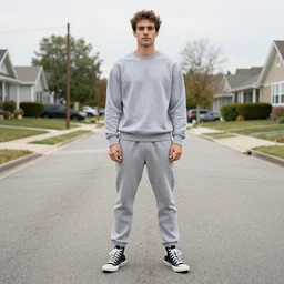 Rocco Botte wearing gray sweatshirt and gray sweatpants and black/white Converse Chuck Taylor sneakers, standing in a T-pose on a suburban residential street