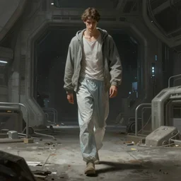 concept art by greg rutkowski, a very tall and slender young man, dressed in patient clothes and an open sweatshirt, wandering through the desolate, futuristic, brutalist interior of a space colony, depressing atmosphere, low lighting, scifi, highly detailed portrait, digital painting, artstation, concept art, smooth, sharp foccus ilustration, artstation hq