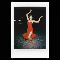 A high-detailed polaroid photo of woman dancing in the night, grayscale photo with red dress, realism, photo by Richard Avedon, 8k resolution, hyper-realism, photo-realism