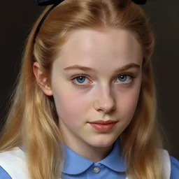 Worksafe. Fully clothed. Very close-up face of young Alice in Wonderland, she is beautiful, gentle and kind. By Frank Frazetta and Boris Vallejo.