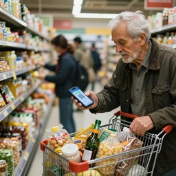 old wrinkled man in front of a long line of customers in a grocery shop, paying using his smartphone, shopping cart overflowing with groceries, smartphone displays a qr code
