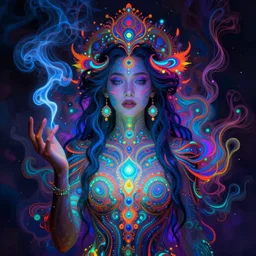 psychedelic [ chemiluminescence ] elegant woman chakra spirit with smoke and fluid dynamics, colorful, psychedelic, ornate, intricate, digital painting, concept art, smooth, sharp focus, illustration, blacklight reacting, art by artgerm and greg rutkowski