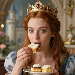 closeup face portrait of a fairytale princess wearing a crown eating cakes in the castle, nicoletta ceccoli, mark ryden, lostfish, max fleischer, depth of field, detailed and intricate fairytale environment, 8 k resolution, hyperrealistic, octane render