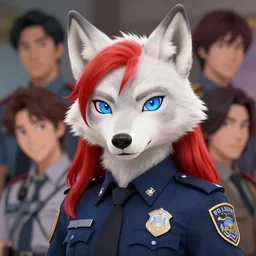 beautiful portrait of a female anthropomorphic albino wolf fursona with blue eyes and red hair wearing a state trooper uniform. character design by disney, charlie bowater, ross tran, artgerm, and makoto shinkai, detailed, soft lighting, rendered in octane