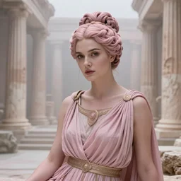 cinestill 5 0 d portrait of a beautiful woman by annie liebovitz, sitting in a hyper detailed misty ancient greek temple, pale pink tonal matt, hair intricate style, wearing are intricate ancient greek dress, elegant, highly detailed, soft foggy blur, artstation, sharp focus, head in focus,