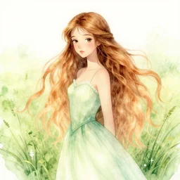 highly detailed watercolor, beautiful fairy queen in a meadow, surrounded by magic, long ombre hair, nostalgia for a fairytale, ombre gown, magic realism, flowerpunk, mysterious, by charles vess, anato finnstark, cinematic lighting, beautiful face by leyendecker