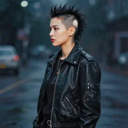 portrait painting of a punk woman in a leather bomber jacket, medium shot, asymmetrical, profile picture, rainy night, trending on artstation, by huang guangjian