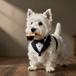 West highland white terrier in a tuxedo drinking Italian espresso
