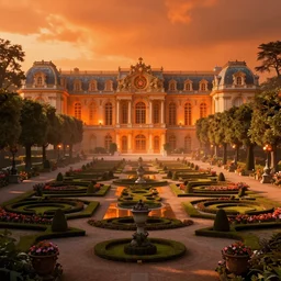 beautiful render of glorious palace gardens, by lee madgwick and hubert robert, blade runner style, orange glow, vivid color, moody lighting, unreal engine, foggy