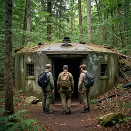 trekkers finding an abandoned military bunker in a beautiful forest, hd, 8 k, natural lights, 5 5 mm