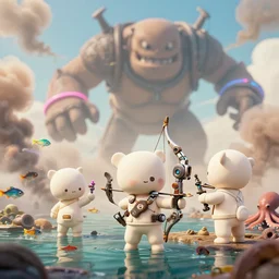 scifi scene, landscape, cute monsters, hold mechanical bow and arrow, wearing brand of off white style, three kids catching colorful fishes + sepia + octopus, a huge monster boss in the sky, with depth of field, octane render, neon hand sports bracelet, standing on the water ground, with splatoon + ratchet & clank : rift apart style, smoke war, comic paint, anorld render, unreal engine render, vfx, octane render, highly quality, artstation, 4 k,