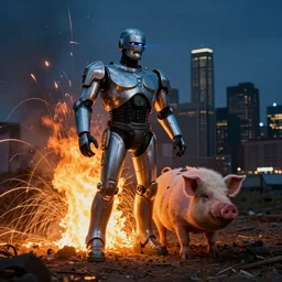 bottlepunk wirewave robocop pig, burning detroit, photo