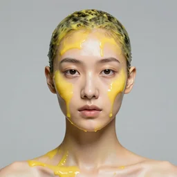 fashion model with head and face covered in yellow liquid, realistic, symmetrical, studio lighting, ultra detail, photograph