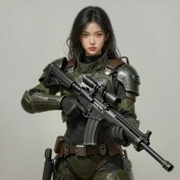 a photorealistic painting of an attractive young warrior girl, clothed in stealth-like battle armor, a giant sci-fi sniper rifle, olive skin, long dark hair, beautiful bone structure, symmetrical face, perfect eyes, intricate details, elegant, digital painting, illustration, sharp focus, minimal artifacts, from Metal Gear, in the style of Ruan Jia and Mandy Jurgens and Greg Rutkowski, trending on Artstation, award winning, unreal engine, octane render