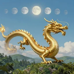 long golden eastern dragon in sky, many moons in background, above green forest hills, unreal 5 render, studio ghibli, tim hildebrandt, digital art, octane render, beautiful composition, trending on artstation, award - winning photograph, masterpiece