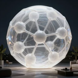 bubble - type opaque white molecular building, molecule, white membrane structure night view flurry 8 k with furniture octan render unreal 5