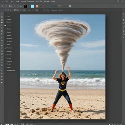 water based superhero who is making a tornado with her powers in a beach PROMPT, XF IQ4, 150MP, 50mm, f/1.4, ISO 200, 1/160s, natural light, Adobe Photoshop, Adobe Lightroom, DxO Photolab, Corel PaintShop Pro, rule of thirds, symmetrical balance, depth layering, polarizing filter, Sense of Depth, AI enhanced