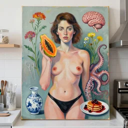 a portrait in a female artist's kitchen, a queer woman holding a papaya, surgical equipment, japanese pottery, australian wildflowers, a brain, feminine, organic, octopus, squashed berries, pancakes, black underwear, neo - expressionism, surrealism, acrylic and spray paint and oilstick on canvas