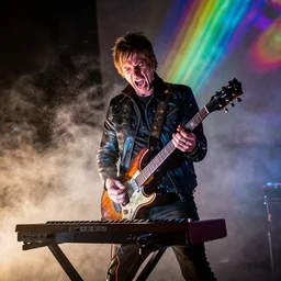 Trent Reznor screaming and smashing a guitar on a synthesizer, dust, smoke, colored projections, ultrafine detail, cybersuit, glowing thing wires, smoke, high contrast, projections, associated press photo, masterpiece