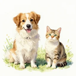 A dog and a cat, watercolour