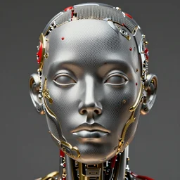 Cinestill of a melancholic realistic 8k Sculpture of a complex robotic human face, liquid simulation, dramatic lighting, silver gold red details, hexagonal mesh wire, filigree intricate details, cinematic, fleshy musculature, white blossoms, elegant, octane render, 8k post-processing, by Yoshitaka Amano, Daytoner, Greg Tocchini