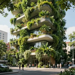 organic green building in city designed by stefano boeri with trees and people walking, cinematic, ray traced, octane render, cinematic lighting, vfx film, ultrarealistic, featured on artstation, 8 k