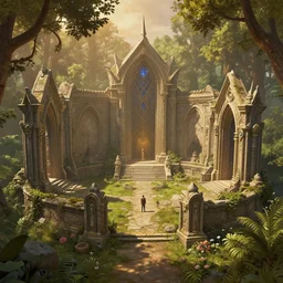 fantasy sanctuary ruins at the edge of a warm and lush deciduous forest, intricate, elegant, highly detailed, magic the gathering, hearthstone, victor adame, clint cearley, craig mullins, jesse van dijk