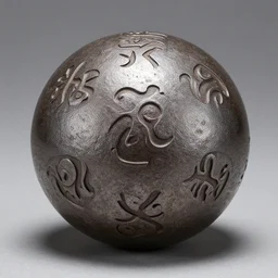 an iron ball with weird symbols engraved on it, the ball is on a pedestal. the light enter the room by a hole in the ceiling. closeup. anne rice.