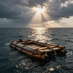 a wooden raft in the ocean